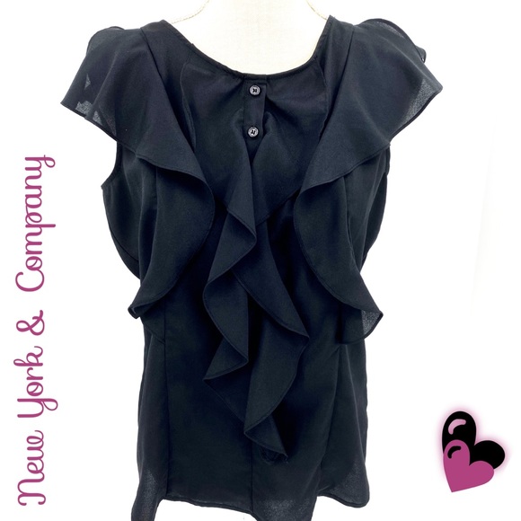 Blouse New York & Company Noire Taille 4 - Col V, Manches Transparentes, Volants - Neuf